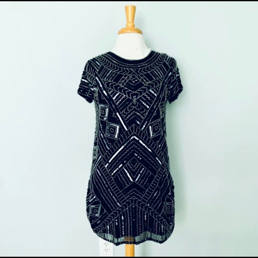 Parker Little Black Sequin Beaded Short Sleeve Dress Size S Cocktail Party